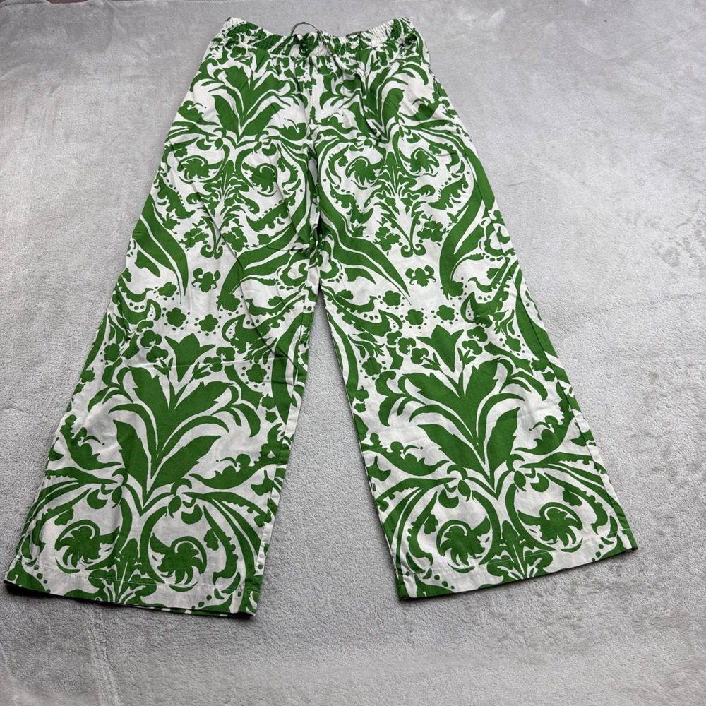 Karen Kane Wide Leg Pants Women L Green White Damask Cotton Resort Boho Coastal